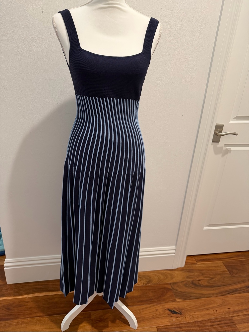 STAUD Navy and Light Blue Striped Knit Midi Dress